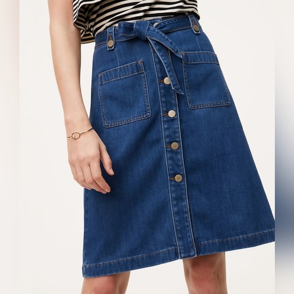 LOFT Dresses & Skirts - LOFT Belt Tie Denim Front Buttons Skirt Blue Indigo Patch Pockets Boho Western 4